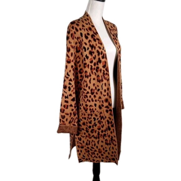 Rachel Zoe Leopard Print Duster Cardigan Sweater XL Open Front Pockets Cheetah - Picture 2 of 6